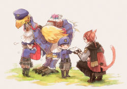 Rule 34 | 3boys, animal ears, ascot, bag, belt, black footwear, black scarf, blue headwear, blue jacket, boots, braid, braided ponytail, brown hair, brown pants, cat boy, cat ears, cat tail, chocobo, envelope, eye contact, final fantasy, final fantasy xiv, flower, full body, g&#039;raha tia, giving, grass, grey background, hair ornament, hat, holding, holding envelope, jacket, knee boots, lalafell, looking at another, low ponytail, male focus, miqo&#039;te, multiple boys, omori hakumai, open mouth, pants, pink flower, pink rose, pointy ears, pouch, red hair, rose, scarf, short hair, short ponytail, smile, squatting, standing, tail, tail raised, vambraces, white ascot, x hair ornament