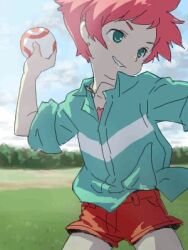 Rule 34 | 1girl, alternate costume, ball, blue dress, commentary request, dress, earrings, green eyes, jewelry, kumatora, lowres, mother (game), mother 3, nintendo, outdoors, pink eyebrows, pink hair, red shorts, senntakuya, shirt, short hair, shorts, solo