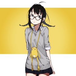 Rule 34 | 1girl, ahoge, bad id, bad twitter id, bag, black-framed eyewear, black skirt, braid, collared shirt, cowboy shot, frog, fuyuno kamome, glasses, grey sweater, highres, long hair, looking at viewer, original, parted lips, pleated skirt, pouch, school uniform, shirt, sidelocks, skirt, sleeves rolled up, solo, sweater, twin braids, two-tone background, white background, yellow background