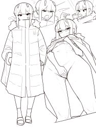 Rule 34 | 1girl, absurdres, bandaid, bandaid on cheek, bandaid on face, bottomless, coat, covering crotch, covering privates, fur collar, gloomyowl, goddess of victory: nikke, greyscale, hands in pockets, highres, maxwell (nikke), medium hair, monochrome, multiple views, navel, pointing, sidelocks, sketch, solo