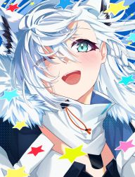 Rule 34 | 1girl, absurdres, animal ear fluff, animal ears, braid, bush, commentary, dog tags, extra ears, floating hair, fox ears, fox girl, fur-trimmed jacket, fur trim, green eyes, hair between eyes, highres, hiyashinssu, hololive, jacket, long hair, looking at viewer, one eye closed, open mouth, shirakami fubuki, shirakami fubuki (fubukitek), sidelocks, single braid, solo, star (symbol), symbol-only commentary, virtual youtuber, white hair, white jacket