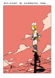 1girl black_shorts black_sleeves blonde_hair cloud commentary_request detached_sleeves english_text hair_ribbon highres kagamine_rin leg_warmers neckerchief outdoors power_lines propellerwalker ribbon sailor_collar shoes short_hair shorts sky solo standing utility_pole vocaloid white_ribbon yellow_neckerchief