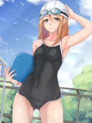 Rule 34 | 1girl, arm up, black one-piece swimsuit, breasts, brown eyes, closed mouth, cloud, cloudy sky, commentary request, competition swimsuit, covered navel, cowboy shot, day, dutch angle, fence, frown, gluteal fold, goggles, goggles on headwear, hand on own head, holding, idashige (walkietalkie), idolmaster, idolmaster cinderella girls, kickboard, long hair, looking at viewer, one-piece swimsuit, orange hair, outdoors, sky, small breasts, solo, standing, swim cap, swimsuit, white headwear, yuuki haru