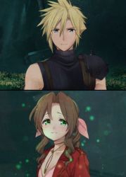 Rule 34 | 1boy, 1girl, aerith gainsborough, armor, asymmetrical bangs, blonde hair, blue eyes, blush, breasts, brown hair, buster sword, choker, cleavage, cloud strife, collarbone, curly hair, dress, final fantasy, final fantasy vii, final fantasy vii remake, garden, green eyes, hair intakes, hair ribbon, jacket, jewelry, krudears, lifestream, necklace, parted bangs, pink dress, pink ribbon, red jacket, ribbon, sad, sequential, shoulder armor, sidelocks, sleeveless, sleeveless turtleneck, smile, spiked hair, square enix, suspenders, turtleneck, upper body, weapon, weapon on back