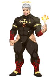 Rule 34 | 1boy, abs, alpha transparency, angry, armband, bara, biceps, black eyes, bodysuit, bulge, clenched hand, facial hair, fangs, fire, flame print, frown, half-closed eyes, halo, large pectorals, male focus, manly, mature male, muscular, muscular male, naop (anything), official alternate costume, official art, open mouth, pectorals, red pupils, sandals, solo, sparkle, spiked hair, stubble, teeth, thick arms, thick eyebrows, thick thighs, thighs, third-party source, tight clothes, tokyo houkago summoners, tongue, transparent background, tusks, white hair, zabaniyya (housamo)