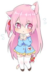 Rule 34 | 1girl, animal ears, azur lane, bell, blue shirt, cat ears, cat tail, chibi, clenched hands, commentary, flying sweatdrops, full body, hands on own chest, jingle bell, kisaragi (azur lane), long hair, pink eyes, pink hair, pone, ribbon, shirt, shoes, side ponytail, simple background, skirt, solo, tail, tail ornament, tail ribbon, thighhighs, white background, white thighhighs, yellow skirt