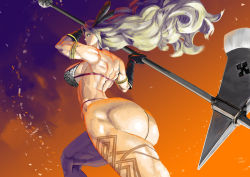 Rule 34 | 1girl, amazon (dragon&#039;s crown), armlet, armor, ass, axe, back, bikini, bikini armor, blonde hair, breasts, circlet, dragon&#039;s crown, feathers, gloves, green eyes, halberd, highres, huge ass, huge breasts, long hair, looking back, muscular, mutsugi, polearm, solo, swimsuit, tattoo, thick thighs, thighs, thong, vanillaware, weapon