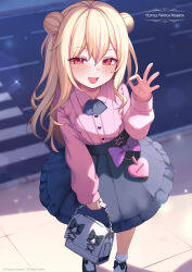 Rule 34 | 1girl, :d, bag, black skirt, blonde hair, blush, bow, company name, copyright name, copyright notice, crosswalk, double bun, flat chest, full body, hair between eyes, hair bun, highres, holding, holding bag, little witch nobeta, logo, long hair, long sleeves, looking at viewer, nobeta, official art, open mouth, outdoors, pink bow, pink shirt, red eyes, road, shirt, shoes, skirt, smile, solo, standing, street, very long hair