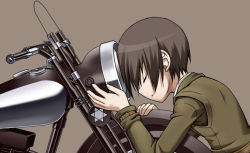 Rule 34 | 00s, 1girl, androgynous, brown hair, closed eyes, gender request, head down, hermes (kino no tabi), hug, jacket, kino (kino no tabi), kino no tabi, motor vehicle, motorcycle, rankei, reverse trap, short hair, simple background, solo, vehicle