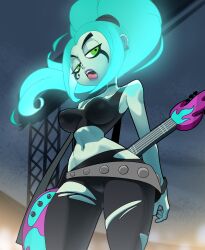 Rule 34 | 1girl, absurdres, bare shoulders, cowboy shot, danny phantom, dark, electric guitar, ember mclain, from below, ghost, goth fashion, green eyes, guitar, highres, inker comics, instrument, long hair, midriff, navel, nickelodeon, outdoors, solo, stage, teeth, tight clothes, tongue, tongue out, torn clothes, upper teeth only