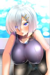 Rule 34 | 1girl, alternate costume, black pantyhose, blue eyes, blue one-piece swimsuit, breasts, cleavage, collarbone, covered erect nipples, eyes visible through hair, gloves, hair ornament, hair over one eye, hairclip, hamakaze (kancolle), highres, impossible clothes, impossible swimsuit, kantai collection, large breasts, lips, one-piece swimsuit, open mouth, outdoors, pantyhose, pantyhose under swimsuit, pool, poolside, school swimsuit, short hair, solo, swimsuit, water, wet, wet clothes, wet swimsuit, white gloves, white hair, wildcat (kusonemi)