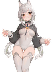 Rule 34 | 1girl, akizone, black collar, bow, bowtie, breasts, clothing request, collar, collarbone, covered navel, cowboy shot, grey background, grey hair, grey thighhighs, highres, long sleeves, looking at viewer, medium breasts, medium hair, orange bow, orange bowtie, orange eyes, original, simple background, smile, solo, tail, thighhighs