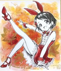 Rule 34 | 1girl, :d, animal ears, autumn leaves, bare legs, black hair, bow, bowtie, colored skin, commentary request, dated, dress, frilled cuffs, frilled dress, frills, full body, hair ornament, high heels, highres, idolmaster, idolmaster cinderella girls, leaf hair ornament, leg up, looking at viewer, marine (confeitokobo), open mouth, partially colored, rabbit ears, rabbit hair ornament, red bow, red bowtie, red dress, red footwear, red wrist cuffs, sasaki chie, short dress, short hair, signature, sitting, sleeveless, sleeveless dress, smile, white skin, wrist cuffs