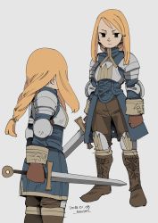 Rule 34 | agrias oaks, armor, black eyes, blonde hair, boots, braid, breastplate, closed mouth, dated, fantasy, faulds, final fantasy, final fantasy tactics, gloves, highres, holding, holding sword, holding weapon, hounori, knee boots, long hair, multiple views, pants, serious, shoulder armor, signature, sword, weapon