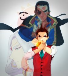 Rule 34 | 3boys, ace attorney, antenna hair, apollo justice, aqua necktie, black coat, black eyes, black hair, blue shirt, bracelet, brown hair, buttons, circlet, clenched hands, closed mouth, coat, coat on shoulders, collared shirt, crystal, dhurke sahdmadhi, earrings, eyepatch, facial mark, forehead, forehead mark, forked eyebrows, formal, from side, gem, glowing, gradient background, green eyes, grey background, grey hair, hair intakes, half-closed eyes, hands up, high collar, highres, holding own arm, hoop earrings, jewelry, long hair, long sleeves, looking at viewer, male focus, matching hair/eyes, multiple boys, muranami tsubame, nahyuta sahdmadhi, necktie, outline, phoenix wright: ace attorney - spirit of justice, pocket, profile, red eyes, red gemstone, red vest, scar, scar across eye, scar on face, shirt, short hair, standing, straight-on, suit, transparent, upper body, v-shaped eyebrows, vest, white outline, white shirt