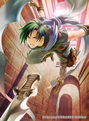 Rule 34 | 1boy, building, castle, copyright name, dagger, fire emblem, fire emblem: radiant dawn, fire emblem cipher, gloves, green hair, kita senri, knife, male focus, nintendo, official art, scarf, short sleeves, simple background, solo, sothe, sothe (fire emblem), weapon, white scarf, yellow eyes