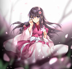Rule 34 | 1girl, blurry, blurry background, blurry foreground, closed mouth, depth of field, flower, grey hair, hair flower, hair ornament, hand up, holding, japanese clothes, kangetsu (fhalei), kimono, long sleeves, looking at viewer, obi, original, petals, pink flower, purple eyes, sash, smile, solo