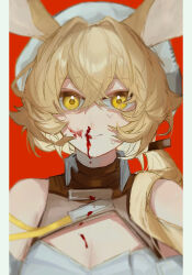 Rule 34 | 1girl, arknights, bare shoulders, beret, blood, blood on face, breasts, cleavage, closed mouth, dorothy (arknights), hair between eyes, hair over shoulder, hat, highres, light brown hair, long hair, looking at viewer, medium breasts, nosebleed, red background, senjou no pentsu, shirt, simple background, smile, solo, upper body, white hat, white shirt, yellow eyes