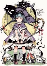Rule 34 | 1girl, animal, bag, bell, black skirt, black socks, blue hair, blush, bow, bracelet, brown eyes, brown footwear, building, cape, cat, church, closed mouth, clothed animal, commentary request, dress, english text, fence, full moon, gomennasai, hair ribbon, hat, highres, holding, holding staff, horns, jewelry, kneehighs, long hair, looking at viewer, low twintails, moon, original, pleated skirt, purple cape, purple hat, red bow, red cape, red ribbon, ribbon, safety pin, shoes, shoulder bag, skirt, skull, socks, solo, staff, standing, striped, striped bow, tombstone, torn clothes, torn hat, twintails, v arms, very long hair, white background, white dress, witch hat