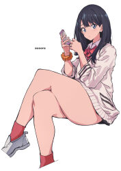 Rule 34 | 1girl, aosora2823, artist name, black hair, blue eyes, bow, bowtie, cardigan, cropped legs, crossed legs, dot nose, from side, gridman universe, hands up, highres, holding, holding phone, long hair, long sleeves, looking at viewer, orange scrunchie, phone, red bow, red bowtie, red socks, school uniform, scrunchie, shirt, simple background, sitting, socks, solo, ssss.gridman, straight hair, takarada rikka, thick thighs, thighs, white background, white cardigan, white footwear, white shirt, wrist scrunchie