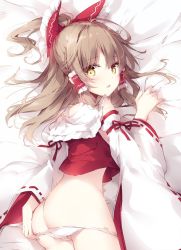 Rule 34 | 1girl, arm ribbon, ass, bare shoulders, bed sheet, blush, bow, brown hair, butt crack, commentary request, detached sleeves, frilled bow, frilled shirt collar, frills, from behind, hair bow, hair tubes, hakurei reimu, half updo, hand up, long hair, long sleeves, looking at viewer, looking back, lying, mochizuki shiina, on stomach, panties, panty pull, parted lips, red bow, red ribbon, ribbon, ribbon-trimmed sleeves, ribbon trim, sidelocks, solo, touhou, underwear, white panties, wide sleeves, yellow eyes