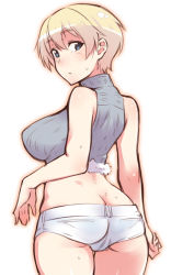 Rule 34 | 1girl, adapted costume, ass, blue shirt, blush, brave witches, butt crack, closed mouth, commentary, cowboy shot, crop top, em (totsuzen no hakike), from behind, frown, looking at viewer, looking back, micro shorts, nikka edvardine katajainen, shirt, short hair, shorts, simple background, sleeveless, sleeveless shirt, solo, standing, sweat, turtleneck, white background, white shorts, world witches series