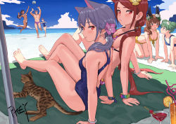 Rule 34 | 1boy, 6+girls, all fours, arm support, artist name, backless swimsuit, ball, beach, beachball, bikini, blue one-piece swimsuit, blue sky, blush, bracelet, breasts, brown hair, cat, cleavage, closed mouth, cloud, cloudy sky, cocktail glass, competition swimsuit, cup, dark skin, day, drinking glass, drinking straw, extra ears, flower, green hair, grey hair, hair flower, hair ornament, jewelry, jumping, long hair, looking at another, looking at viewer, looking back, multiple girls, ocean, one-piece swimsuit, open mouth, original, outdoors, red eyes, sitting, sky, small breasts, standing, standing on one leg, swimsuit, water, white bikini, yellow bikini