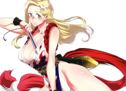 Rule 34 | 1girl, andy bogard, apollo (pixiv884782), arm guards, bare hips, blonde hair, blue eyes, blush, breasts, cleavage, cosplay, dougi, fatal fury, flame print, folded fan, folding fan, genderswap, genderswap (mtf), hand fan, holding, holding fan, japanese clothes, large breasts, long hair, looking at viewer, ninja, pelvic curtain, revealing clothes, rope, shiranui mai, shiranui mai (cosplay), simple background, snk, solo, the king of fighters, thighs