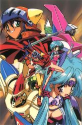 Rule 34 | 1990s (style), 1boy, 1girl, adeu warsam, aqua hair, cape, circlet, fingerless gloves, gloves, grin, haou taikei ryuu knight, helmet, holding, holding sword, holding weapon, index finger raised, long hair, mecha, official art, open mouth, paffy pafuricia, purple eyes, retro artstyle, robot, smile, sword, weapon