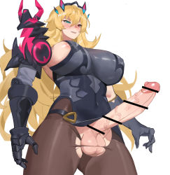 Rule 34 | 1girl, absurdres, areola slip, armor, bad id, bad pixiv id, bar censor, blonde hair, blue eyes, blush, breasts, censored, erection, barghest (fate), fate/grand order, fate (series), futanari, heterochromia, highres, huge penis, large breasts, long hair, oreomanko, pantyhose, penis, pink eyes, simple background, solo, standing, testicles, torn clothes, torn pantyhose, veins, veiny penis, white background