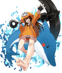 Rule 34 | 1girl, anchor, anchor symbol, animal, arm up, backpack, bag, bare legs, barefoot, bike shorts, black gloves, blush, blush stickers, brown hair, dolphin, eiji (eiji), feet, fingerless gloves, foot focus, foreshortening, full body, gloves, guilty gear, guilty gear strive, hair between eyes, hat, highres, holding, jacket, long hair, long sleeves, looking at viewer, may (guilty gear), mr. dolphin (guilty gear), open mouth, orange eyes, orange hat, orange jacket, pirate hat, simple background, skull and crossbones, solo, tattoo, toes, white background