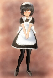 Rule 34 | 1girl, apron, back bow, black dress, black hair, black pantyhose, bow, brown footwear, dress, expressionless, frilled apron, frilled dress, frills, full body, green eyes, highres, loafers, maid, maid apron, maid headdress, nazo no kanojo x, own hands together, pantyhose, shoes, short hair, solo, standing, tsubaki mikoto, urabe mikoto, white bow