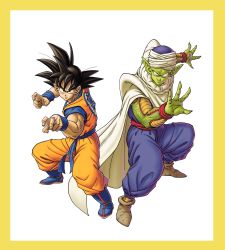 Rule 34 | 2boys, ankle boots, back-to-back, black eyes, black hair, blue footwear, boots, border, brown footwear, cape, claws, closed mouth, clothes writing, colored skin, dougi, dragon ball, dragonball z, evil smile, fighting stance, fingernails, full body, green skin, hands up, highres, legs apart, looking at viewer, male focus, multiple boys, muscular, piccolo, pointy ears, serious, side-by-side, sidelighting, simple background, smile, son goku, spiked hair, toriyama akira (style), turban, wangsen578, white background, white cape, wristband, yellow border