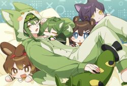 Rule 34 | 1boy, ahoge, animal costume, animal ears, bbunny, bear ears, bed sheet, blue eyes, blush stickers, brown eyes, brown hair, buttons, character doll, cosplay, fox costume, fox ears, fox tail, green hair, hat, hod (project moon), kigurumi, library of ruina, looking at viewer, lying, male focus, netzach (project moon), on back, one eye closed, pillow, project moon, purple hair, rabbit ears, sleep mask, solo, stuffed toy, tail, top hat, yellow eyes