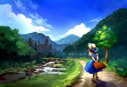 Rule 34 | 1girl, absurdres, arms behind back, blue dress, blue ribbon, blue sky, boots, brown footwear, cloud, dirt road, dress, enzan (b5sni), from behind, hat, hat ribbon, heel up, highres, knee boots, long hair, mountain, original, outdoors, painterly, ribbon, river, road, rock, scenery, shirt, sky, straw hat, suitcase, tree, white shirt