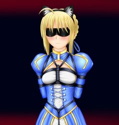 Rule 34 | 1girl, ahoge, animal ears, artoria pendragon (all), artoria pendragon (fate), bdsm, blindfold, blonde hair, bondage, bound, braid, breast bondage, breasts, cat ears, corset, crotch rope, dress, fate/stay night, fate (series), french braid, gradient background, green eyes, hair ribbon, highres, nbnl nei, ribbon, rope, saber (fate), shibari, shiny clothes, short hair, small breasts, solo, sweat