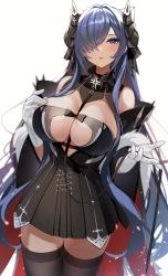 Rule 34 | 1girl, absurdres, august von parseval (azur lane), azur lane, between breasts, black horns, blue eyes, blue hair, breasts, clothing cutout, cross, cross-laced clothes, cross-laced dress, curled horns, dress, gloves, hair over one eye, hand on own chest, hand up, highres, horns, iron cross, large breasts, leash, long bangs, mechanical horns, microdress, one eye covered, rikiddo (tise 00), strap between breasts, two-tone dress, white gloves