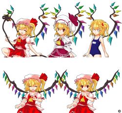 Rule 34 | 1girl, adapted costume, alphes (style), anger vein, annoyed, ascot, blonde hair, fang, female focus, flandre scarlet, hair bobbles, hair ornament, hat, hat ribbon, highres, kaoru (gensou yuugen-an), laevatein, name tag, one-piece swimsuit, open mouth, parody, pout, red eyes, ribbon, school swimsuit, short hair, side ponytail, simple background, skirt, skirt set, smile, solo, style parody, swimsuit, touhou, white background, wings