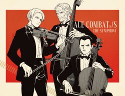 3boys ace_combat ace_combat_7 alternate_costume beard border bow bow_(music) bowtie cello closed_mouth collared_shirt commentary_request dress_shirt english_text facial_hair formal_clothes frown greyscale holding holding_instrument instrument jacket mihaly_a_shilage monochrome multiple_boys mustache old old_man pant_suit pants red_background scar scar_on_face scowl serious seymour_(ace_combat) shirt shirt_tucked_in short_hair simple_background sitting standing suit suit_jacket traditional_bowtie tuxedo upper_body violin white_border widow&#039;s_peak wit_(ace_combat) wrinkled_skin yukizoooh