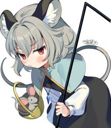 Rule 34 | 1girl, animal, animal ears, black dress, blue capelet, blush, capelet, dated, dowsing rod, dress, grey hair, hair between eyes, highres, iroyopon, jewelry, long sleeves, mouse (animal), mouse ears, mouse tail, nazrin, pendant, red eyes, short hair, signature, simple background, solo, tail, touhou, white background