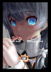 Rule 34 | 1girl, absurdres, black border, black dress, blue eyes, border, character name, close-up, crying, crying with eyes open, dress, grey background, highres, honkai (series), honkai impact 3rd, long hair, long sleeves, looking at viewer, nun, rosary, solo, tears, theresa apocalypse, theresa apocalypse (valkyrie pledge), white hair, z2byytla