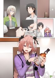 Rule 34 | 3boys, :3, alcohol, astolfo (fate), astolfo (memories at trifas) (fate), black hair, black ribbon, blonde hair, blue eyes, blush, braid, braided ponytail, cellphone, comic, commentary request, computer, door, faceless, faceless male, fang, fate/grand order, fate (series), fujimaru ritsuka (male), ginhaha, hair ribbon, jacket, laptop, male focus, multicolored hair, multiple boys, official alternate costume, open mouth, phone, pink eyes, pink hair, ponytail, prince of lan ling (fate), ribbon, short hair, silent comic, single braid, smartphone, surprised, two-tone hair