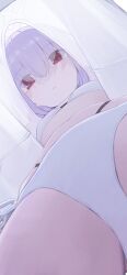 Rule 34 | 1girl, atsuko (blue archive), bikini, blue archive, clothes lift, flat chest, from below, highres, hiroki (yyqw7151), lifting own clothes, looking down, parted lips, purple hair, red eyes, shirt, shirt lift, solo, swimsuit, tagme, upshirt, white bikini, white shirt