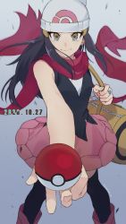 Rule 34 | 1girl, bag, beanie, black hair, black thighhighs, boots, closed mouth, commentary request, creatures (company), dated, dawn (pokemon), duffel bag, eyelashes, floating hair, floating scarf, game freak, hair ornament, hairclip, hat, highres, holding, holding poke ball, holding strap, jewelry, long hair, long scarf, looking at viewer, nintendo, outstretched hand, pink footwear, poke ball, poke ball (basic), pokemon, pokemon adventures, ring, rozu ki, scarf, smile, solo, thighhighs, white hat, yellow bag