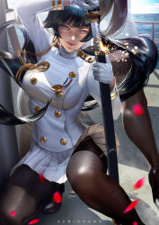 Rule 34 | 2girls, aiguillette, artist name, atago (azur lane), azur lane, black footwear, black hair, black legwear, blunt bangs, blurry, blurry foreground, breasts, brown eyes, buttons, day, deck, double-breasted, falling petals, fine fabric emphasis, gloves, high collar, high heels, holding, holding sword, holding weapon, jacket, kneeling, lace, lace-trimmed legwear, lace trim, large breasts, long hair, looking at viewer, medallion, military, military uniform, miniskirt, multiple girls, ocean, out of frame, outdoors, pantyhose, pencil skirt, petals, pleated skirt, sheath, signature, skirt, solo focus, sword, takao (azur lane), taut clothes, thighhighs, thighs, uniform, unsheathing, very long hair, water, weapon, white gloves, white jacket, white skirt, zumi (zumidraws)
