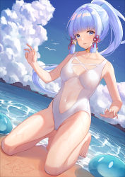 Rule 34 | 1girl, :o, airool, ayaka (genshin impact), bad id, bad pixiv id, bare arms, bare legs, bare shoulders, barefoot, blue eyes, blue hair, blue sky, blunt bangs, blush, breasts, casual one-piece swimsuit, choker, cloud, collarbone, commentary request, covered navel, creature, full body, genshin impact, hair ribbon, highres, looking at viewer, medium breasts, ocean, one-piece swimsuit, open mouth, ponytail, red ribbon, revision, ribbon, sand, sand writing, sky, slime (genshin impact), solo, swimsuit, water, white one-piece swimsuit, yellow choker