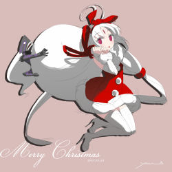 Rule 34 | 1girl, ahoge, bow, christmas, detached sleeves, flat chest, forehead jewel, french-bread, hairband, high heels, huge ahoge, long hair, low twintails, merkava (under night in-birth), merry christmas, mini person, miniboy, red eyes, sack, santa costume, signature, simple background, solo focus, stiletto heels, thighhighs, twintails, under night in-birth, vatista, very long hair, white hair, white thighhighs, yoshihara seiichi