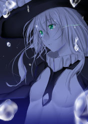 Rule 34 | 10s, 1girl, abyssal ship, air bubble, bodysuit, breasts, bubble, cape, commentary request, dark background, eyebrows, female focus, floating hair, gradient background, green eyes, grey hair, hair between eyes, hat, highres, kantai collection, long hair, monochrome, niwatazumi, open mouth, sidelocks, sketch, small breasts, solo, spot color, tears, underwater, upper body, wo-class aircraft carrier