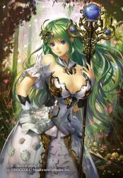 Rule 34 | 1girl, bare shoulders, blue eyes, breasts, cleavage, company name, copyright name, flower, green hair, hair ornament, large breasts, leaf, long hair, momose hisashi, nail polish, official art, pointy ears, solo, sparkle, staff, tree, upper body, z/x