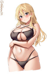 Rule 34 | 1girl, alternate costume, arm at side, bare shoulders, bikini, black bikini, blonde hair, blush, braid, breasts, brown hair, cleavage, cleavage cutout, closed mouth, clothing cutout, cowboy shot, cropped legs, cross-laced bikini, cross-laced clothes, ebifurya, gluteal fold, hair between eyes, hand on own arm, highleg, highleg bikini, highres, kantai collection, large breasts, long hair, looking at viewer, midriff, navel, one-hour drawing challenge, purple eyes, simple background, skindentation, solo, sweatdrop, swimsuit, thighs, twitter username, white background, zara (kancolle)